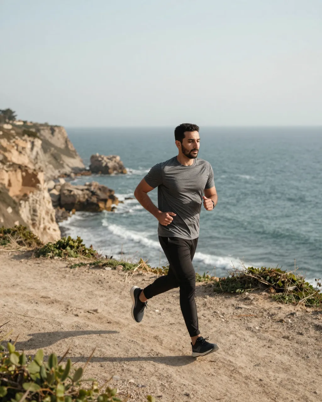 A Middle Eastern man in his thirties runs along a dirt coastal cliff path above the ocean on a clear morning