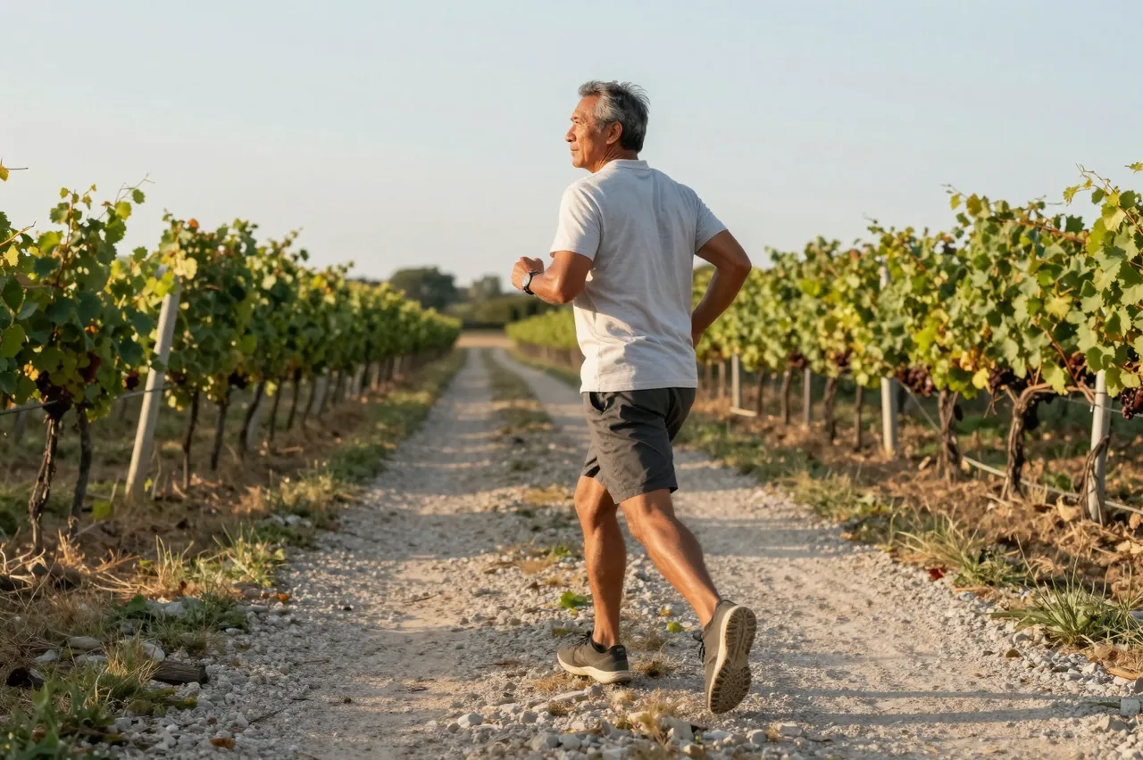 A mature man runs on a gravel path between grapevines during warm golden hour light.