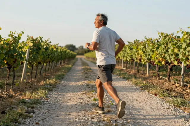 A mature man runs on a gravel path between grapevines during warm golden hour light.