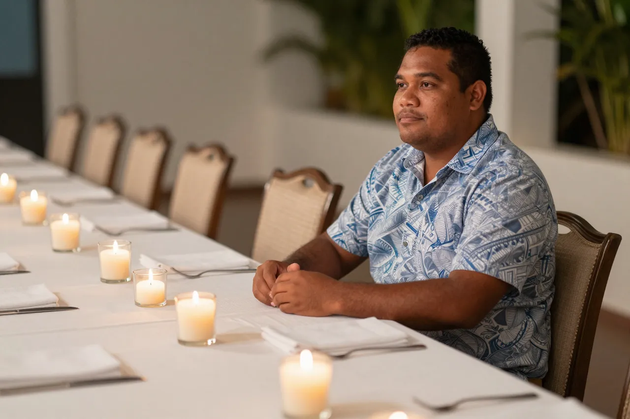 Pacific Islander man in a patterned shirt sits alone at a long candlelit event table after a gathering
