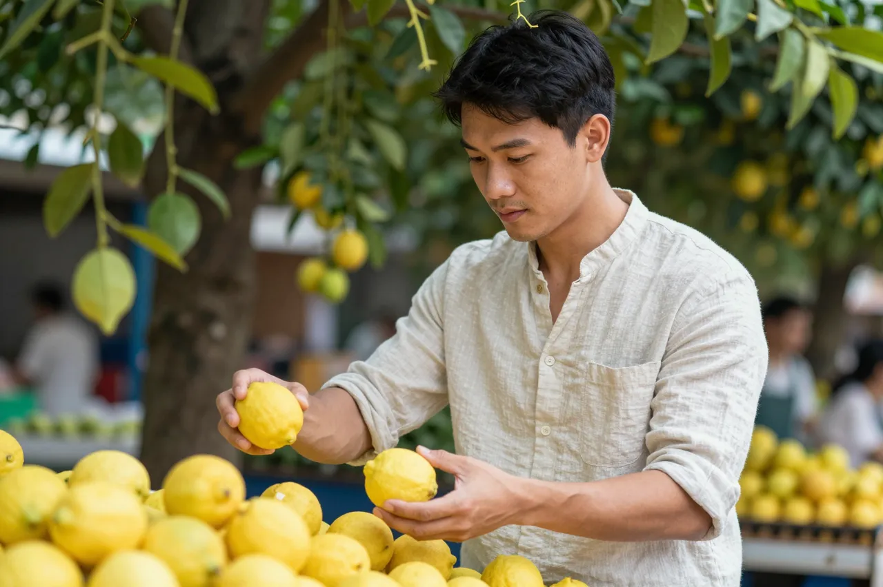 A Southeast Asian man picks and examines fresh lemons at an outdoor market stall under leafy trees.
