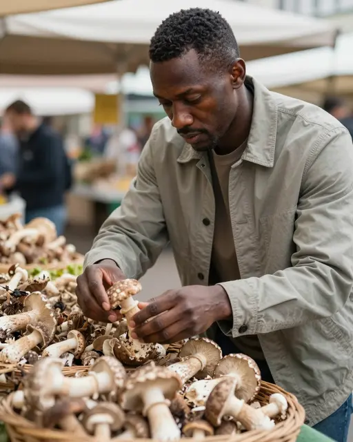 A Black man in his thirties examines wild mushrooms at an outdoor market stall