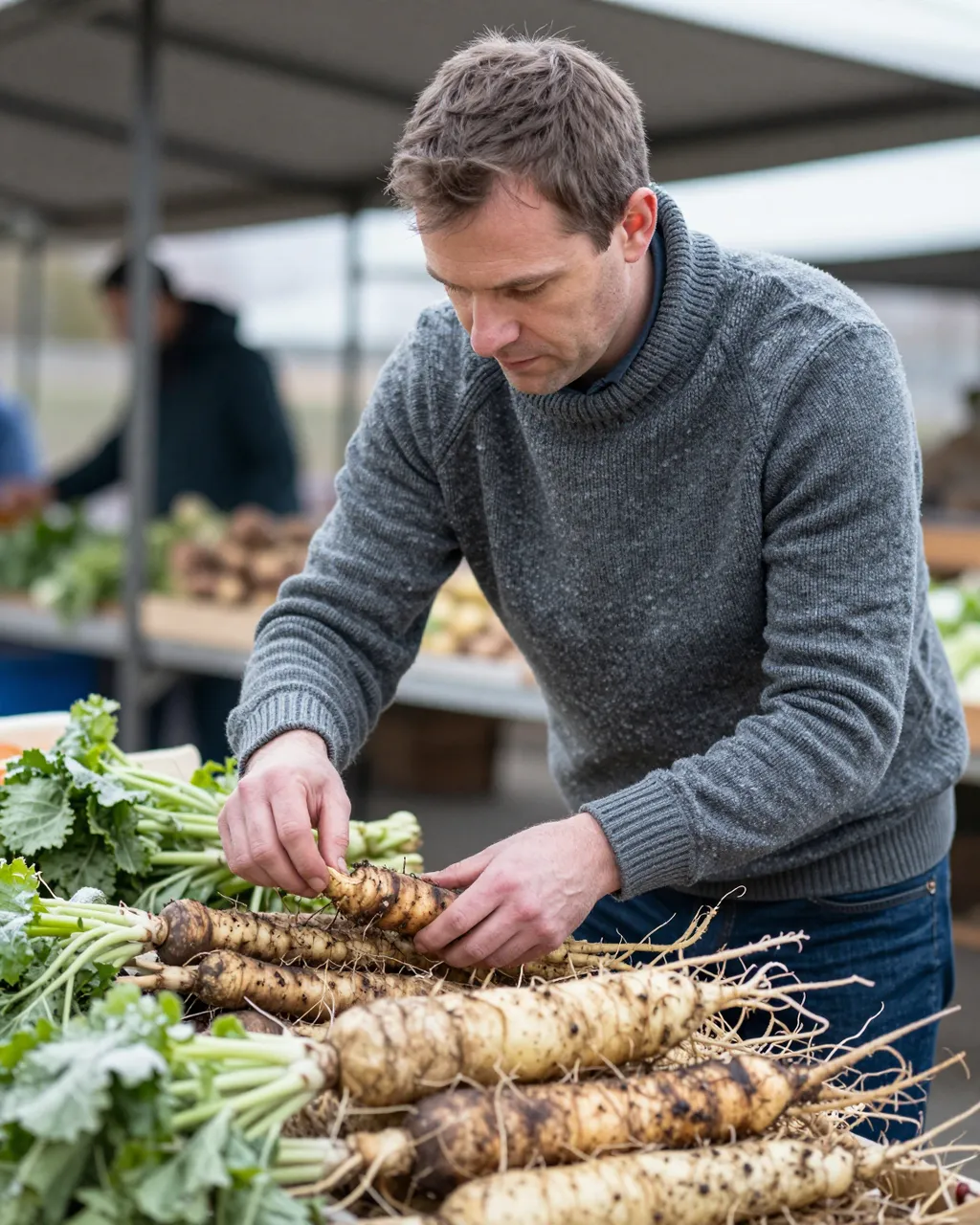 A middle aged man in a wool sweater examines fresh root vegetables at an outdoor farmers market on a cool morning