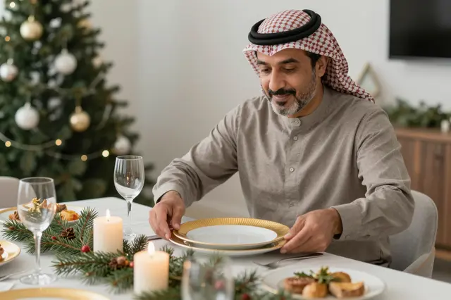Middle Eastern man in a keffiyeh arranges gold-rimmed plates on a festive Christmas dinner table