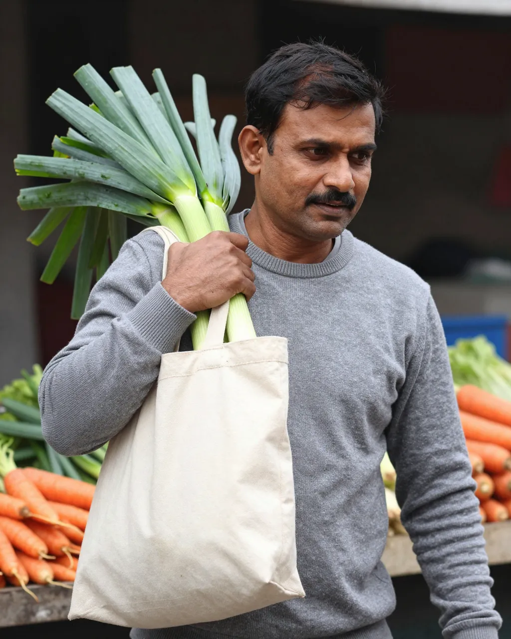 A South Asian man in a grey sweater carries a canvas tote and fresh leeks through an outdoor produce market