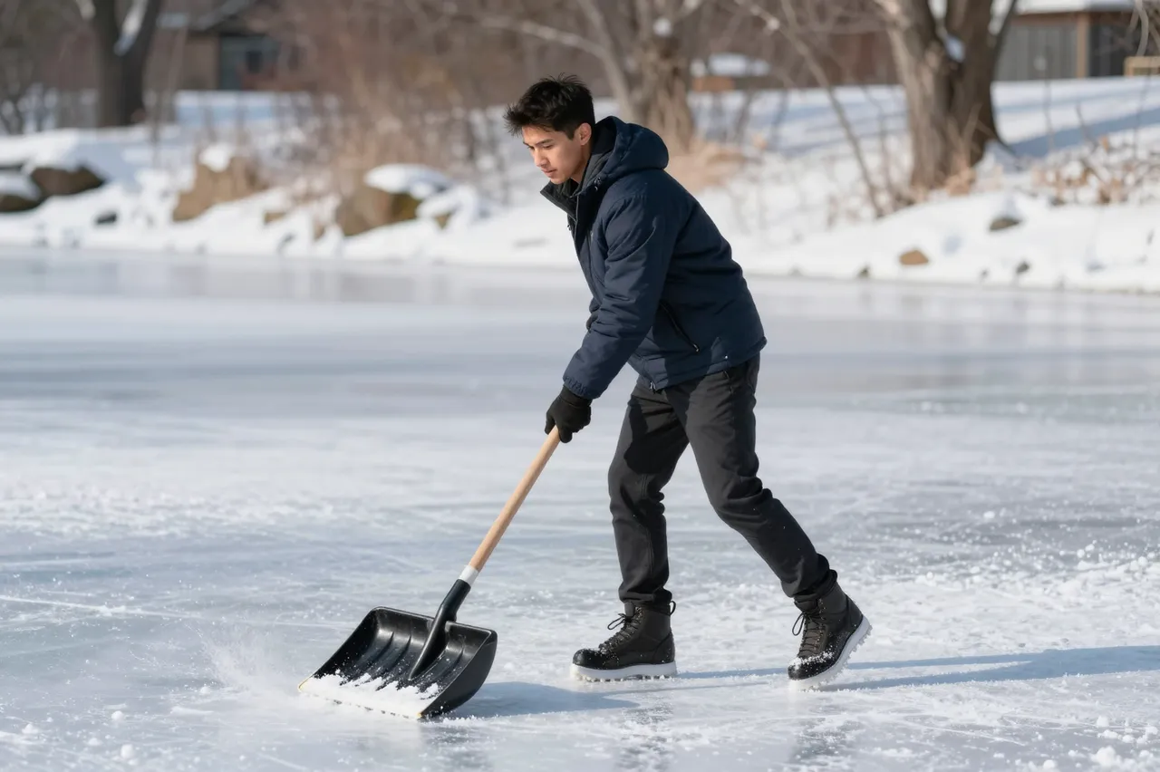 Young mixed-race man clears snow from a frozen pond with a snow shovel on a sunny winter day