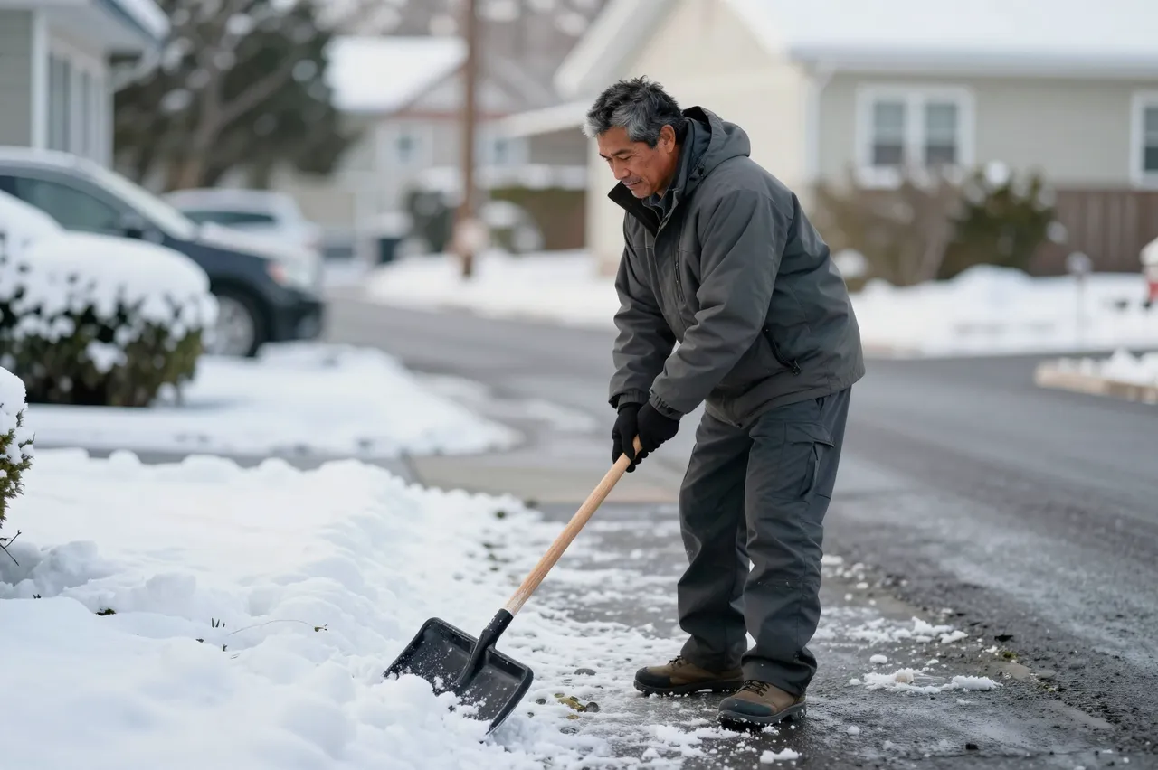 A mature Pacific Islander man shovels snow from a residential front path on a cold winter morning.