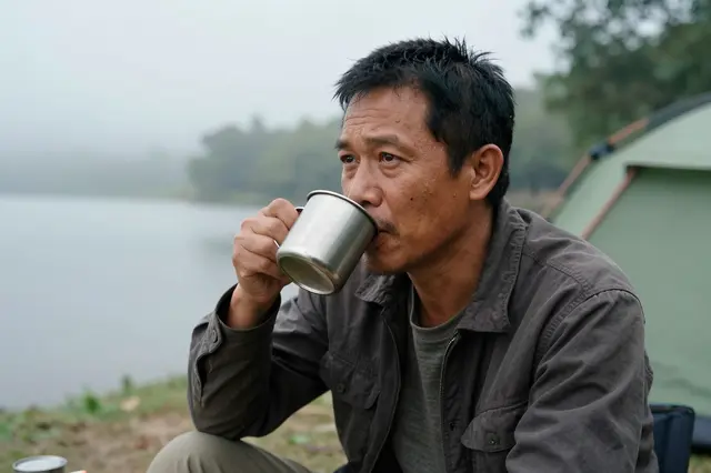Middle aged Southeast Asian man drinks from a steel mug at a misty lakeside campsite next to a tent