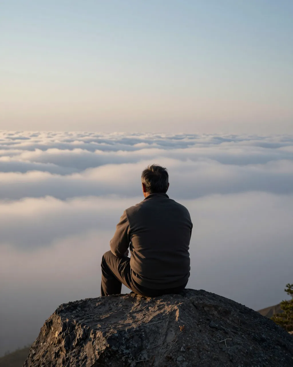 A man seen from behind sits alone on a rocky peak overlooking a sea of clouds at sunrise