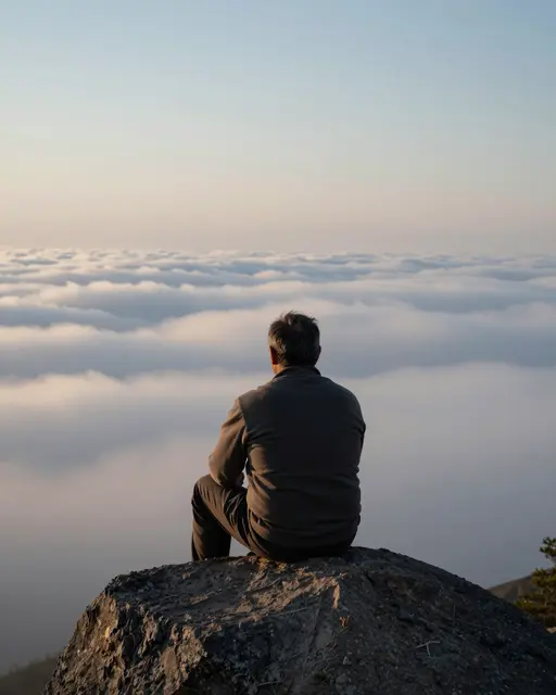 A man seen from behind sits alone on a rocky peak overlooking a sea of clouds at sunrise