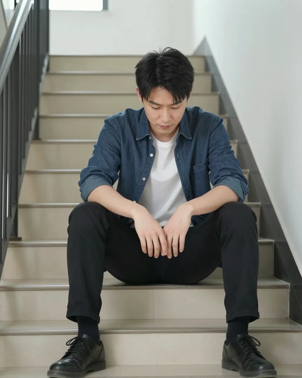 East Asian man in his late twenties sits bowed-headed on indoor apartment stairs with soft diffused light.