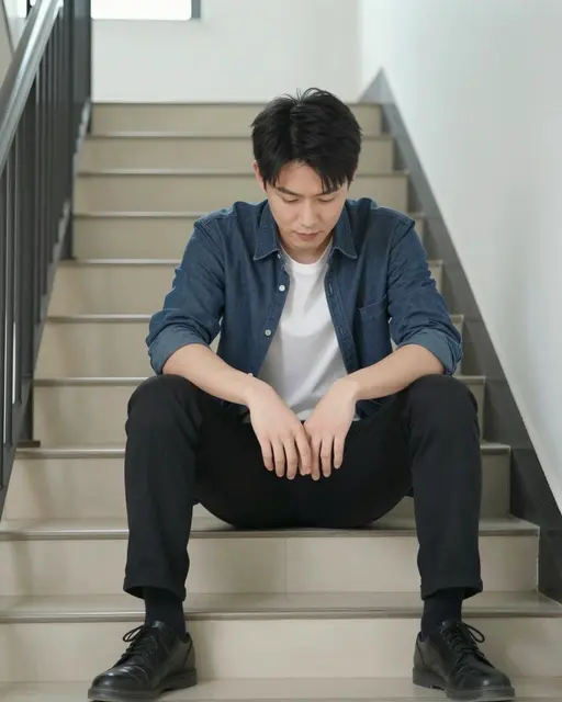 East Asian man in his late twenties sits bowed-headed on indoor apartment stairs with soft diffused light.