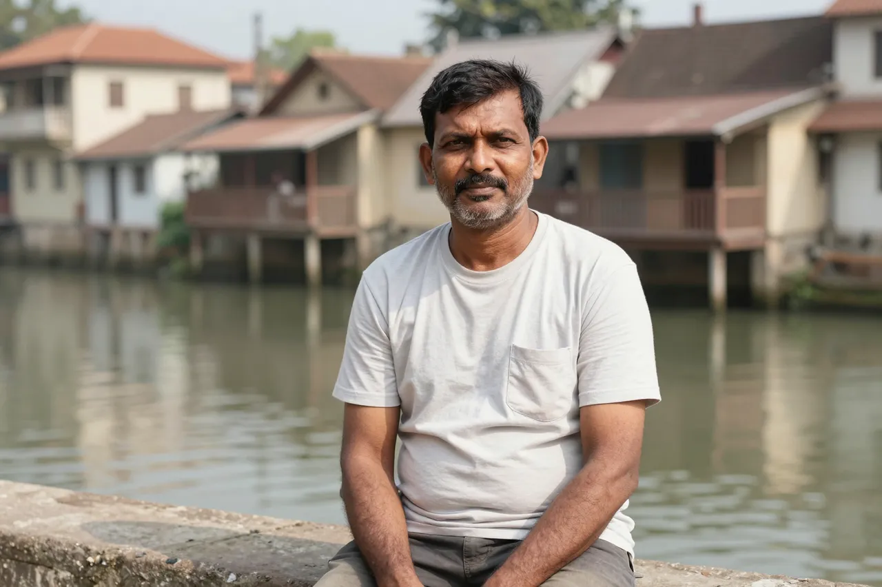 A South Asian man in a plain t-shirt sits on a stone canal wall with old waterfront houses across calm water.