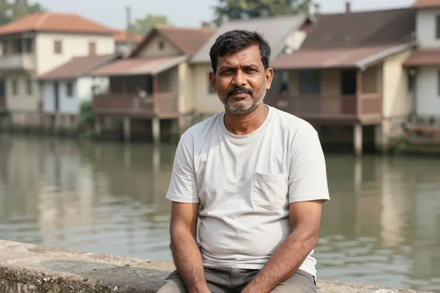 A South Asian man in a plain t-shirt sits on a stone canal wall with old waterfront houses across calm water.
