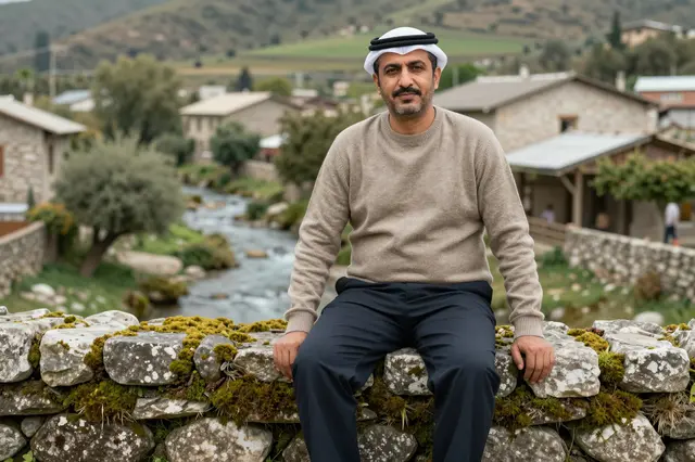 Middle Eastern man in a beige sweater sitting on a mossy stone wall above a village stream