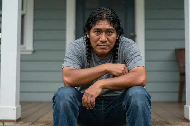Indigenous man in his thirties sits on a wooden house porch during gray rainy weather, looking toward the camera.