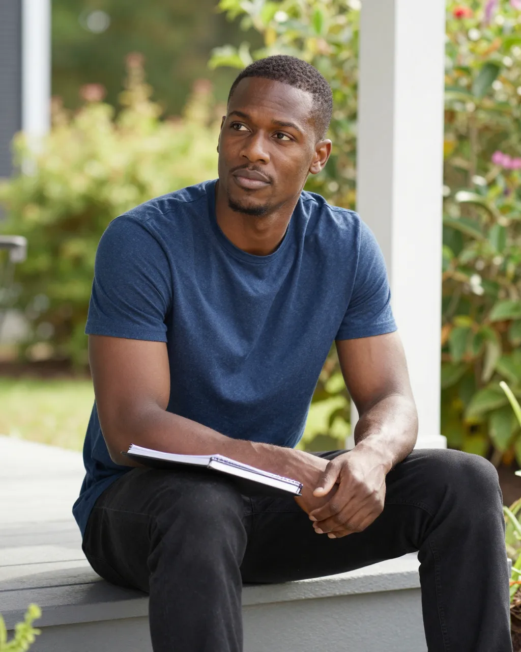 A Black man in his twenties sits on porch steps with a notebook on his lap, looking out toward a sunlit garden.