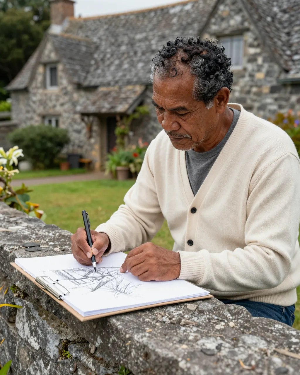 A mature Pacific Islander man in a cream cardigan draws on a clipboard perched on a low stone garden wall in front of an old