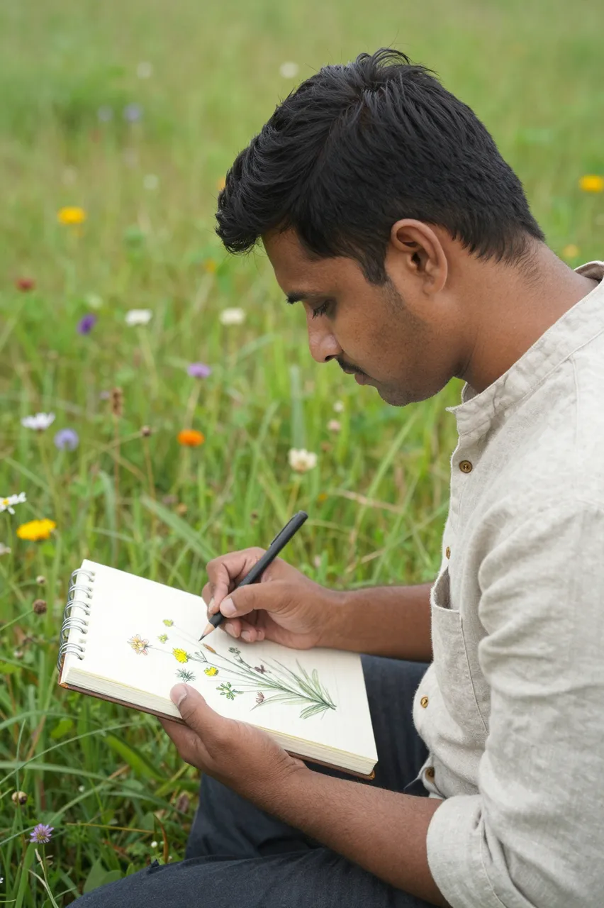 A South Asian man sketches wildflower illustrations in a small sketchbook while seated in a grassy wildflower meadow