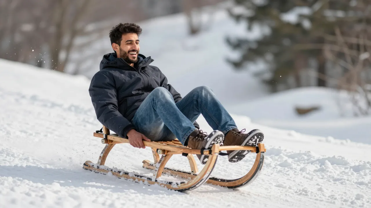 A laughing Middle Eastern man in his thirties rides a wooden sled down a snowy winter hill