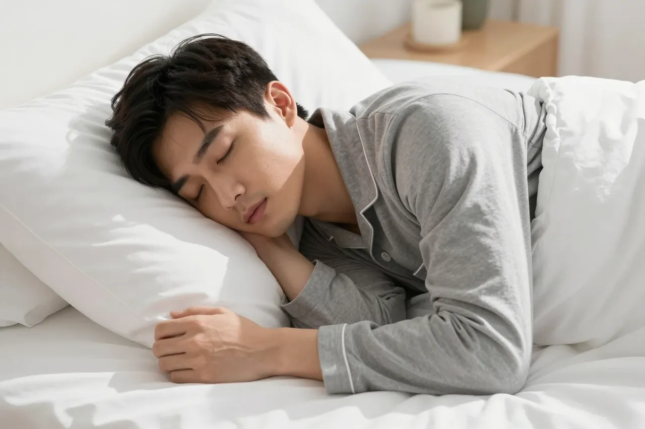 An East Asian man in gray pajamas sleeps peacefully in a sunlit bed with white linens