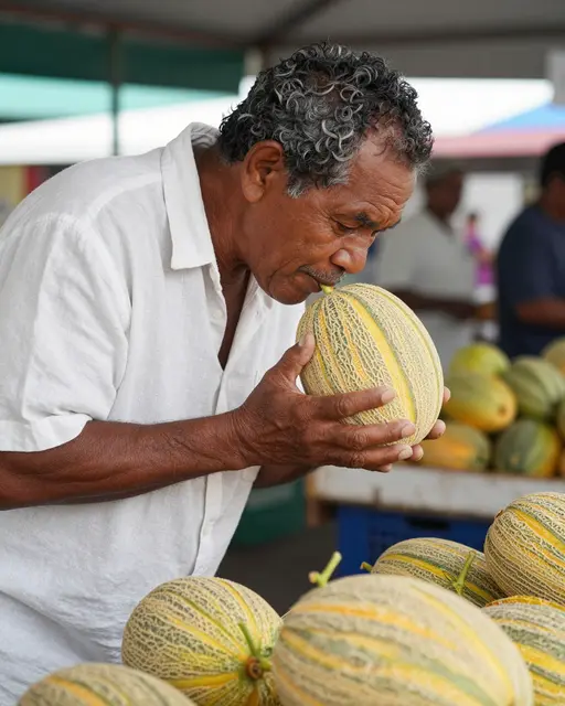 An older Pacific Islander man in a linen shirt holds and smells a ripe melon at a farmers market stall.