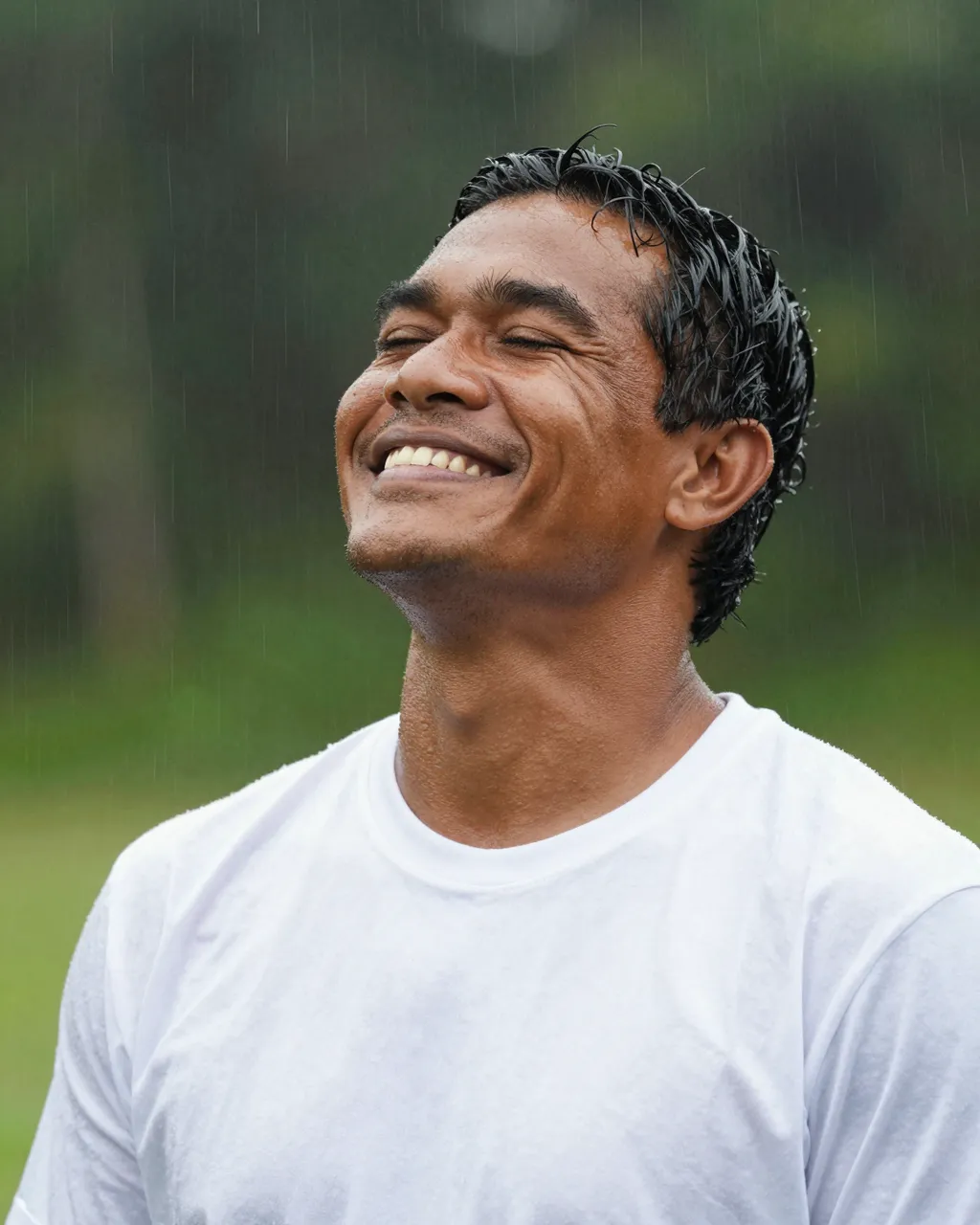 A Pacific Islander man in his thirties grins with closed eyes, face tilted up while standing in falling rain.