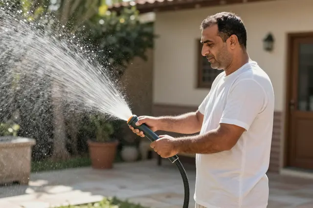 Middle aged man hoses down a sunny residential patio with a garden hose, water sparkling in bright daylight.
