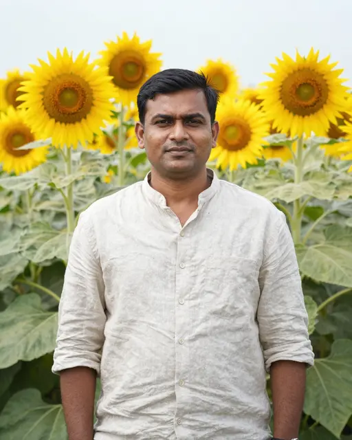 South Asian man in a linen shirt stands before tall blooming sunflowers on a farm