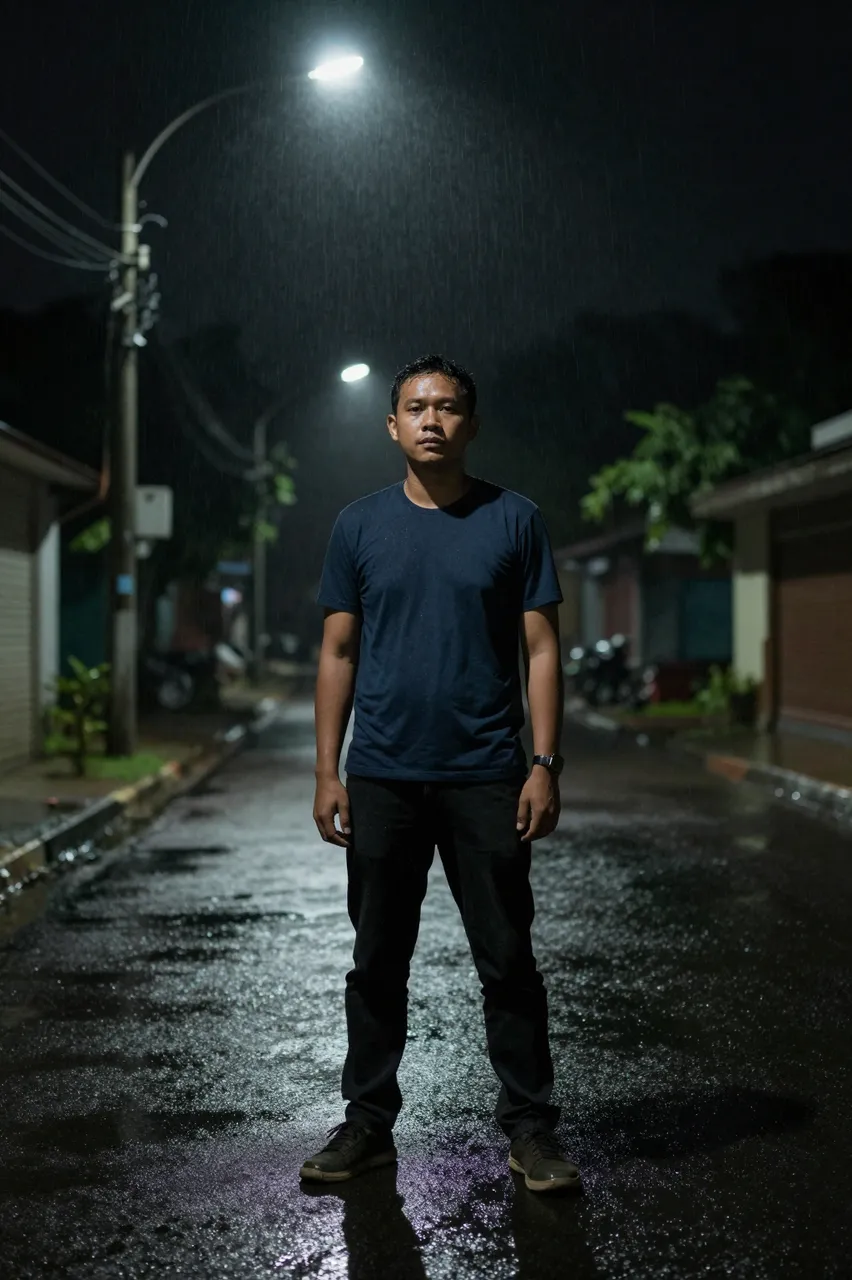 A Southeast Asian man in his thirties stands in the middle of a wet empty residential street under glowing streetlights