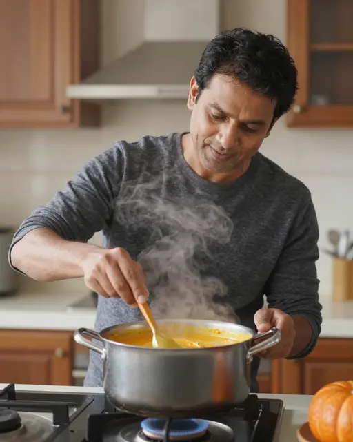 Middle aged South Asian man stirring steaming pumpkin soup in a cozy home kitchen