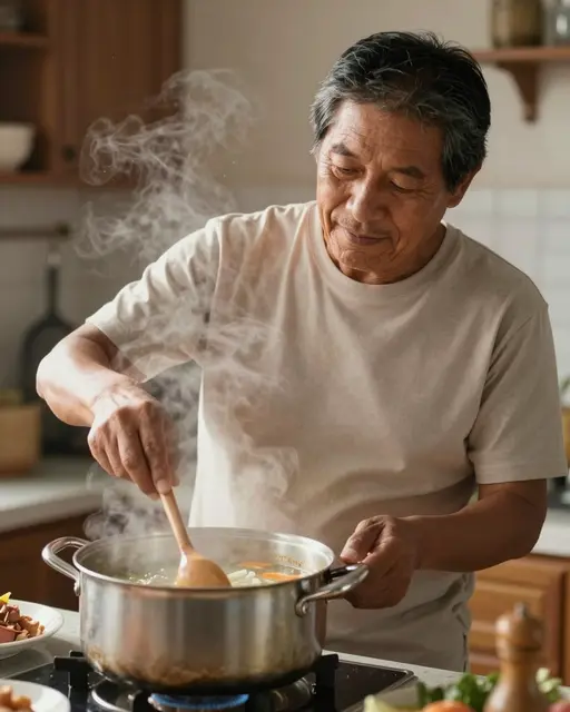 A mature man stirs a steaming pot of soup on a stovetop in a warm home kitchen