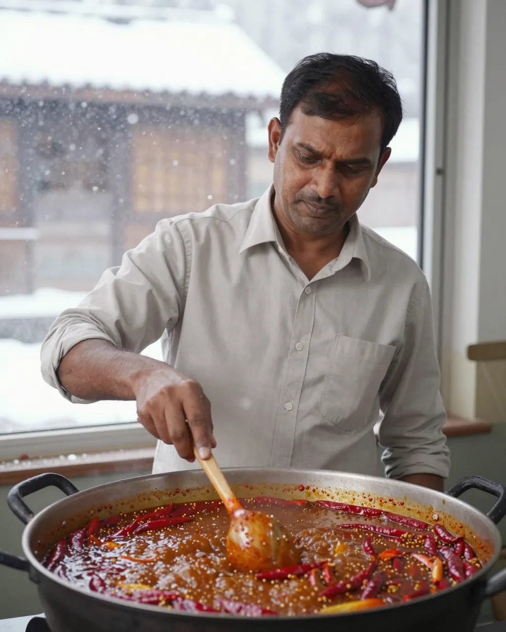 A South Asian man stirs a large pot of red chili stew while snow falls outside the window behind him