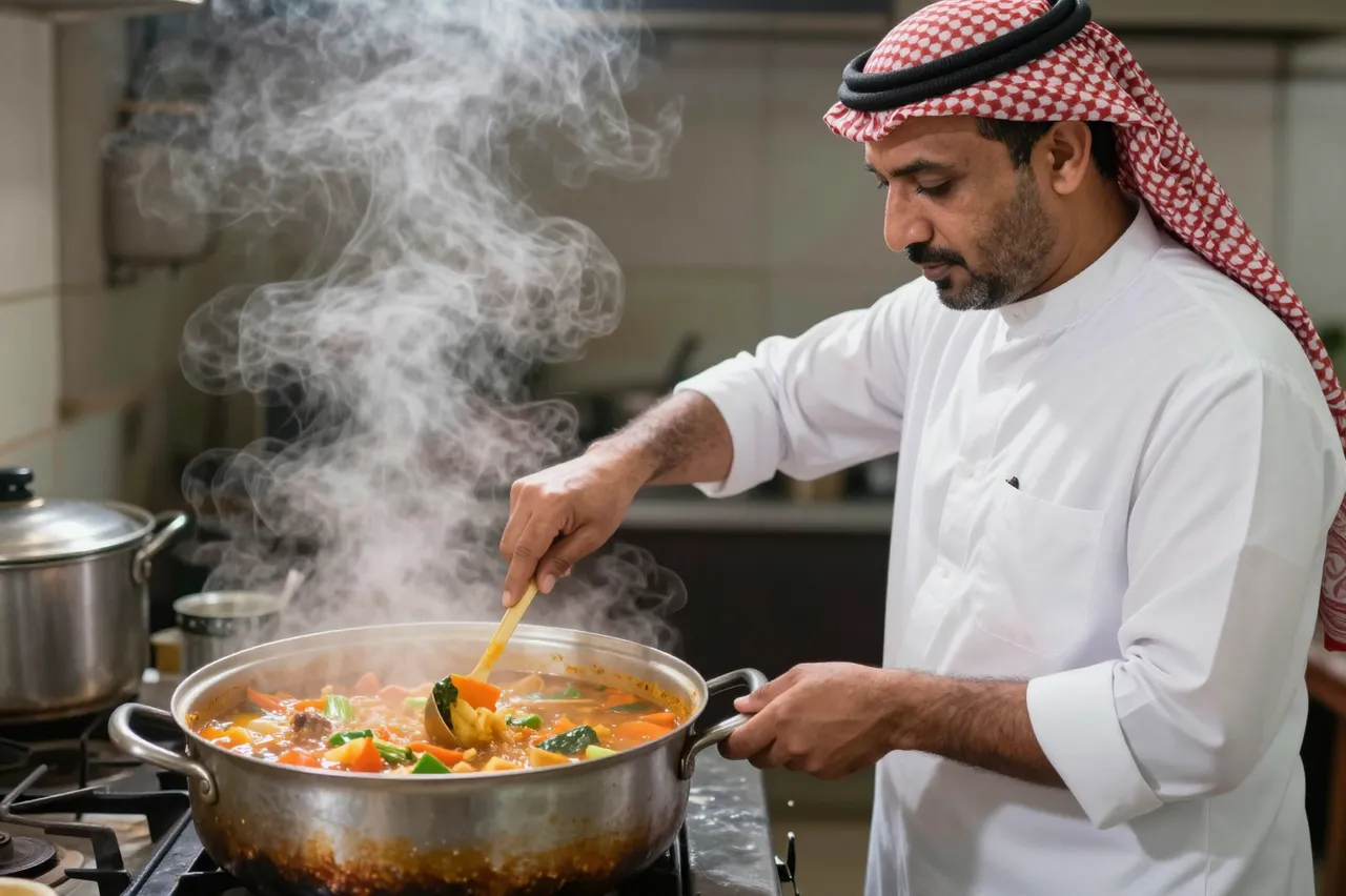 Middle Eastern man in traditional headwear stirs steaming vegetable stew on a gas kitchen stove