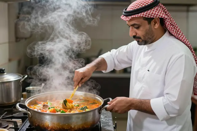 Middle Eastern man in traditional headwear stirs steaming vegetable stew on a gas kitchen stove