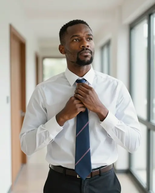A Black man in a white dress shirt adjusts his necktie while standing in a bright office hallway