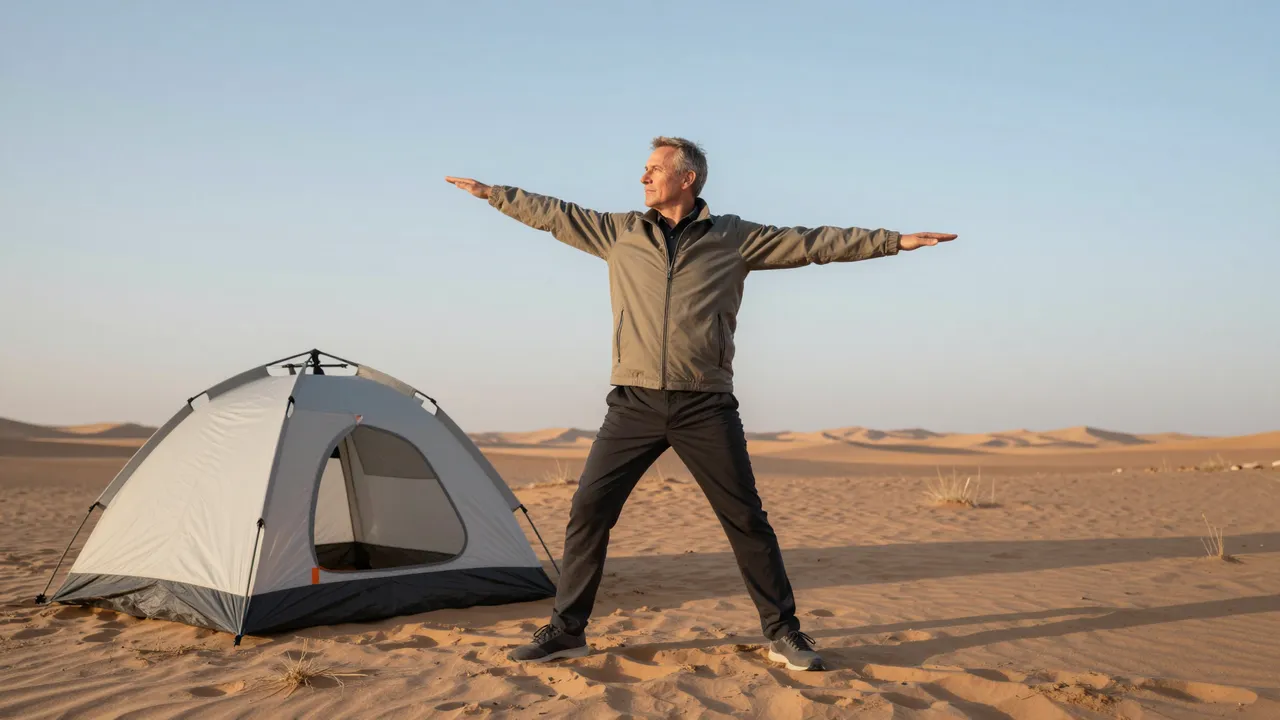 Middle aged man stretches with outstretched arms next to a pitched tent on a sandy desert plain at sunrise