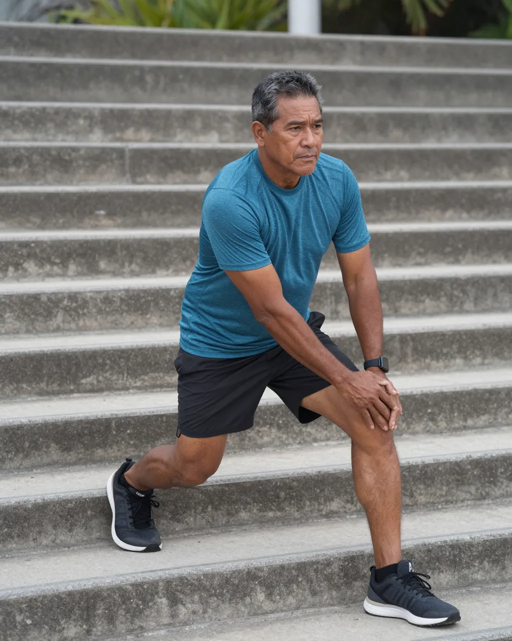 Middle aged Pacific Islander man performs a leg stretch on outdoor concrete steps before a morning run