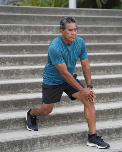 Middle aged Pacific Islander man performs a leg stretch on outdoor concrete steps before a morning run