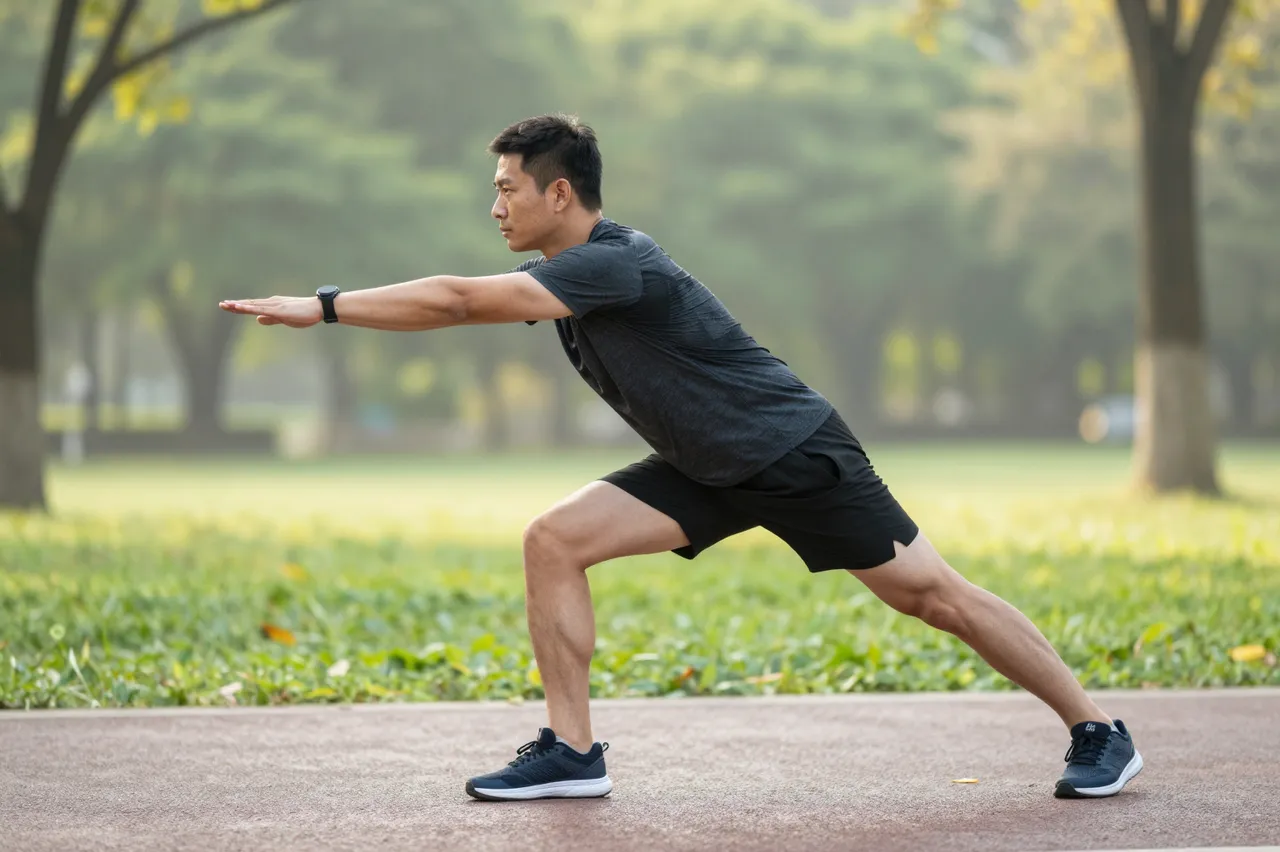 An adult man does a standing stretch on a park running path in soft morning light.
