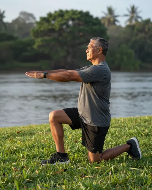 Mature Pacific Islander man performs a kneeling hip flexor stretch on a grassy riverbank at dawn.