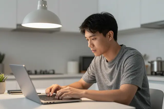 Side view of a Southeast Asian man in his late twenties typing on a laptop at a kitchen table under a pendant lamp