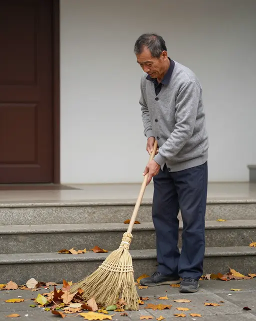 A senior East Asian man sweeps fallen autumn leaves from home entrance steps with a straw broom