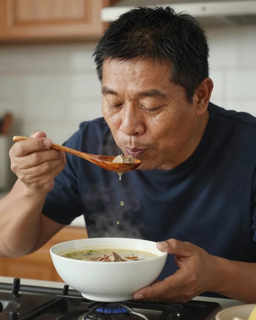 Middle aged man blows gently on soup from a wooden spoon while holding a bowl over his stove.