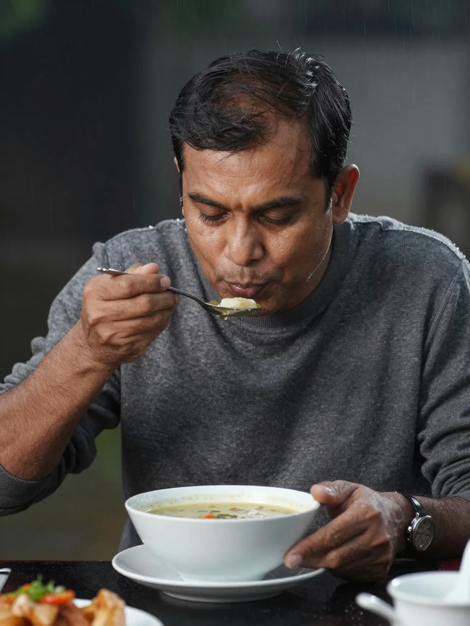 South Asian man in a gray sweater blows on a spoonful of soup from a large white bowl outdoors in rain.