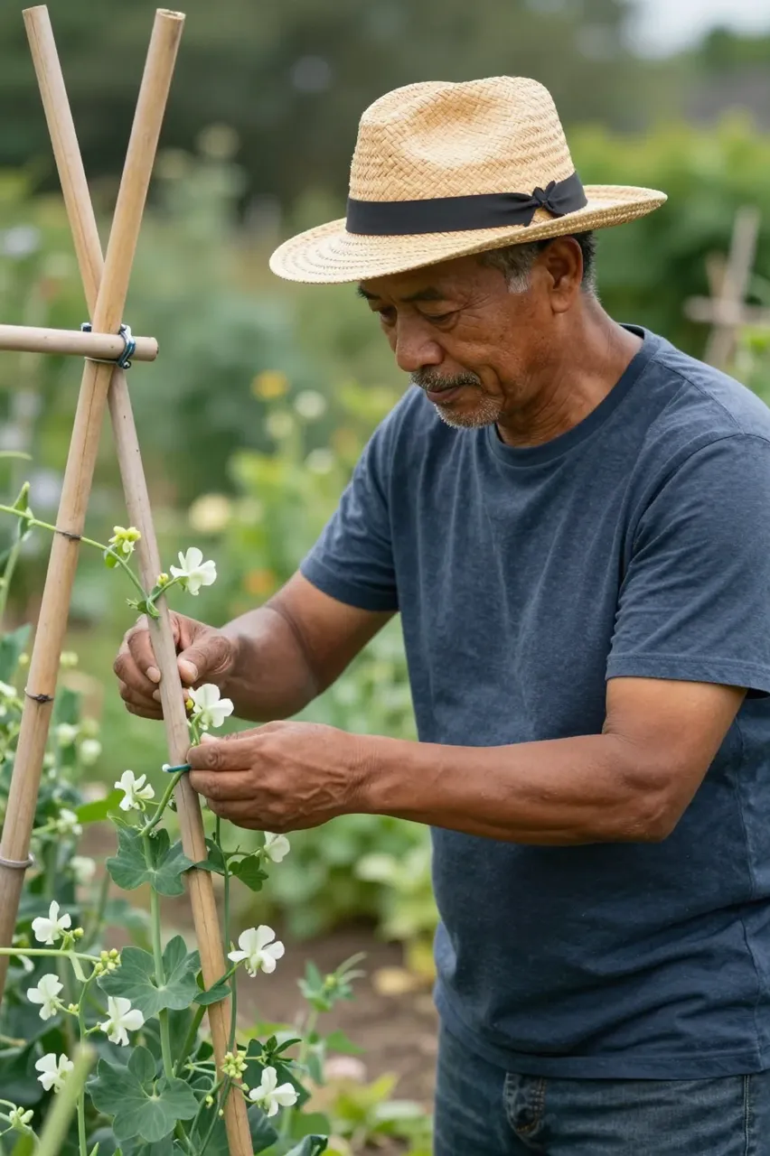 A mixed-race man in a straw hat ties sweet pea vines to a bamboo tepee in a cottage garden.