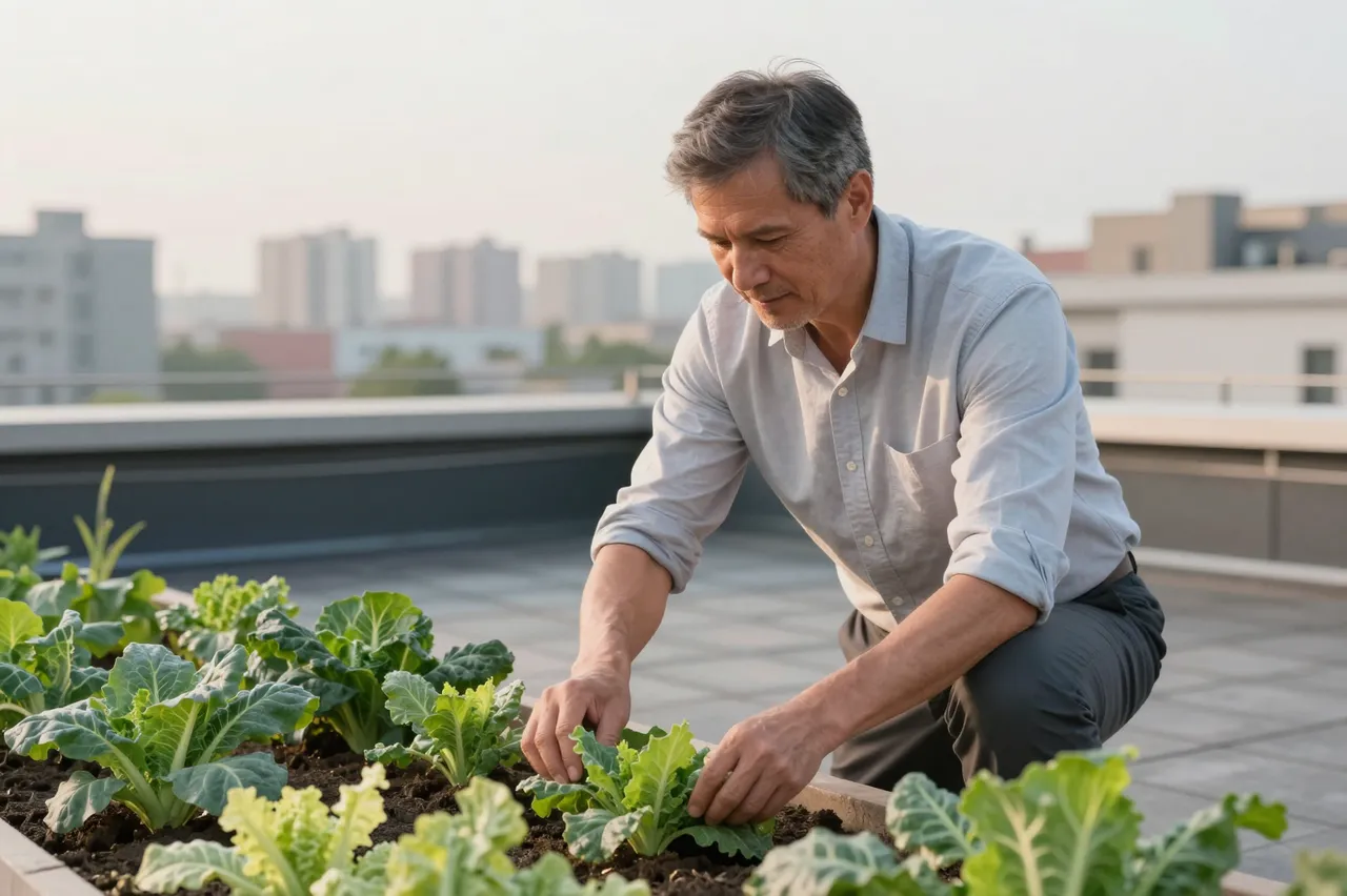 A middle aged man crouches to tend leafy vegetable plants in a raised rooftop garden at dawn