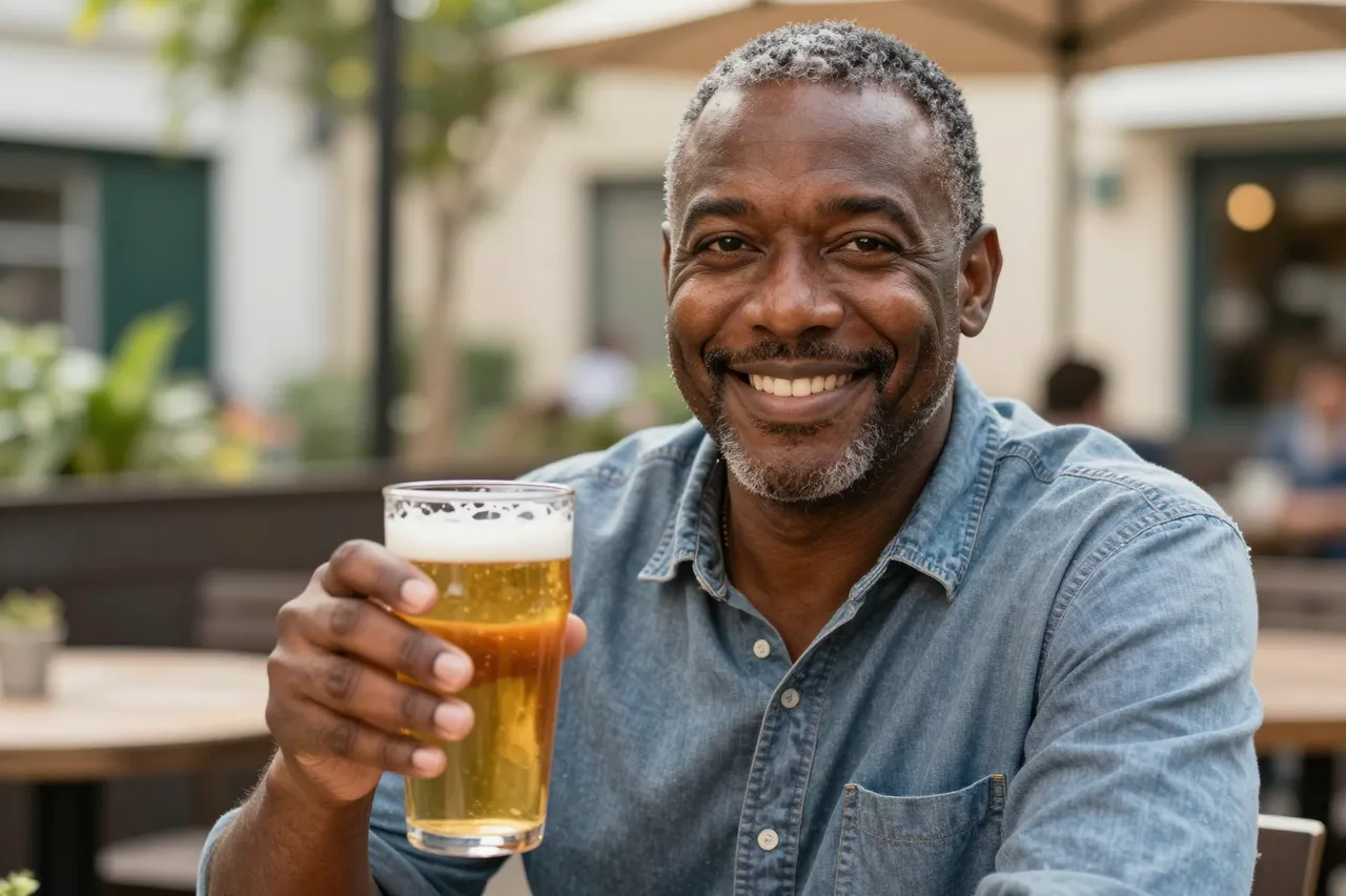 Smiling middle-aged man holds up a pint of amber beer toward the camera in a sunny outdoor pub garden
