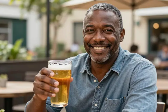Smiling middle-aged man holds up a pint of amber beer toward the camera in a sunny outdoor pub garden