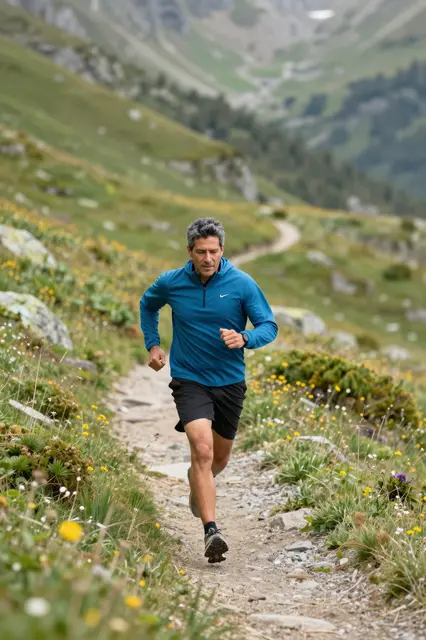 Middle aged man runs along a rocky mountain trail through wildflower dotted alpine meadows